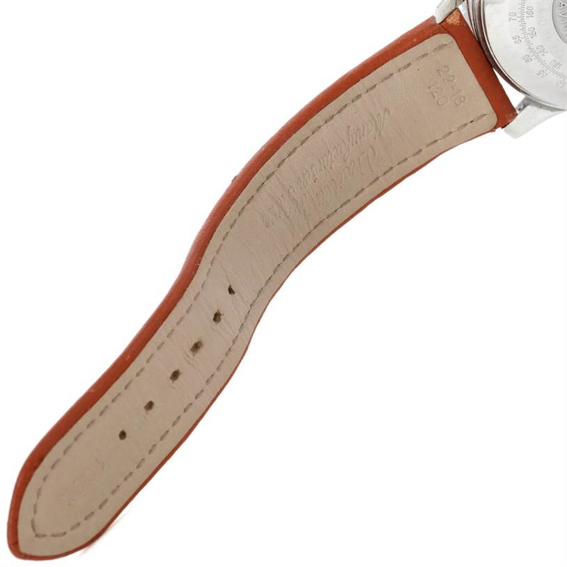 This image shows a close-up of the leather strap and the back of the dial of a Breitling Navitimer A13019 Men's Stainless Steel Black Dial A13019 Men's Stainless Steel Black Dial watch.