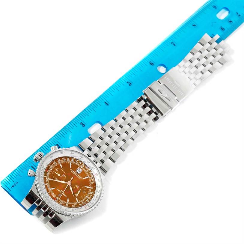 This image shows a top view of a Breitling Navitimer A23340 Men's Stainless Steel Brown Dial A23340 Men's Stainless Steel Brown Dial watch, including its dial, bezel, chronograph pushers, and stainless steel bracelet.