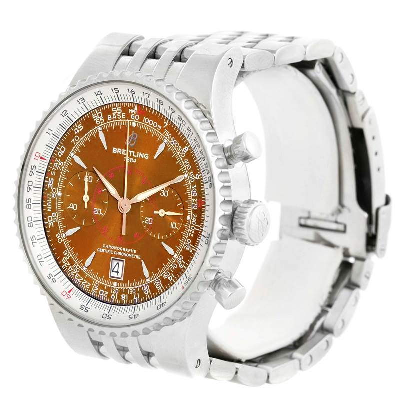 The image shows a Breitling Navitimer A23340 Men's Stainless Steel Brown Dial A23340 Men's Stainless Steel Brown Dial watch from a 3/4 angle, displaying the face, bezel, case, and part of the bracelet.