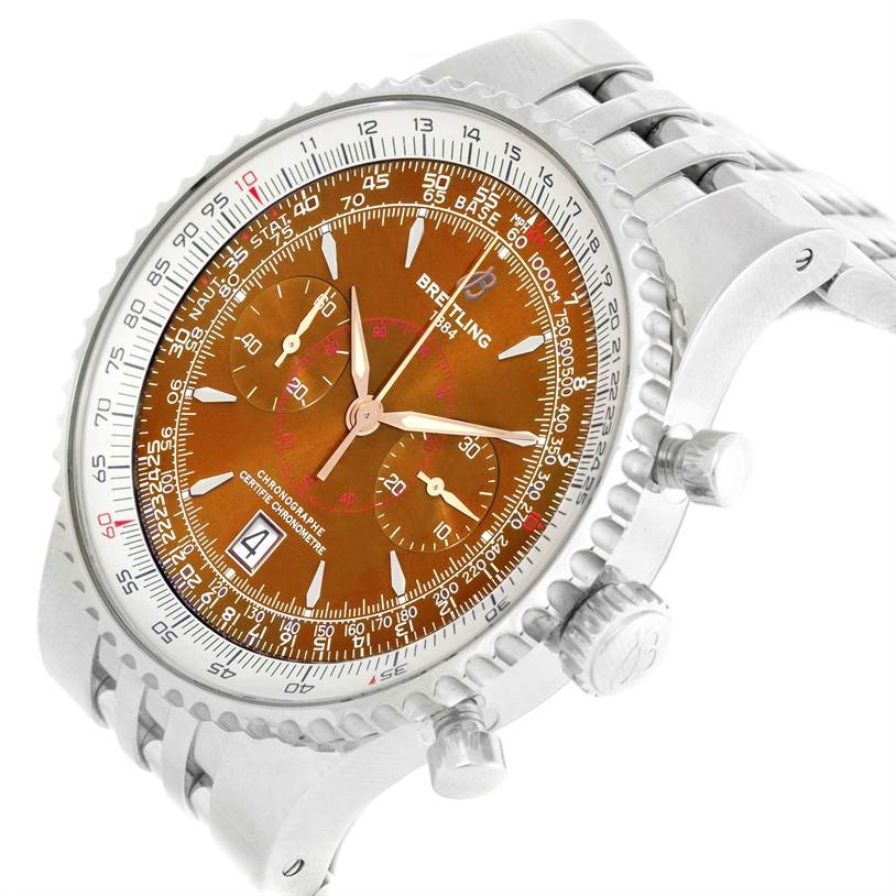 This image shows a close-up, angled view of the dial, bezel, and side buttons of a Breitling Navitimer A23340 Men's Stainless Steel Brown Dial A23340 Men's Stainless Steel Brown Dial watch.