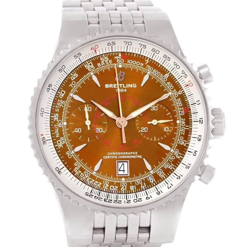 The image shows a front view of a Breitling Navitimer A23340 Men's Stainless Steel Brown Dial A23340 Men's Stainless Steel Brown Dial watch, highlighting its dial, bezel, and metal bracelet.