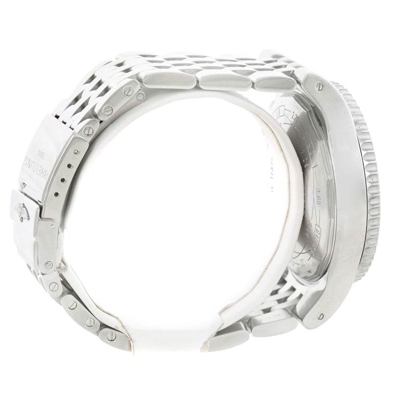 Side view of the Breitling Navitimer A23340 Men's Stainless Steel Brown Dial A23340 Men's Stainless Steel Brown Dial watch showing the metal bracelet and part of the watch case.