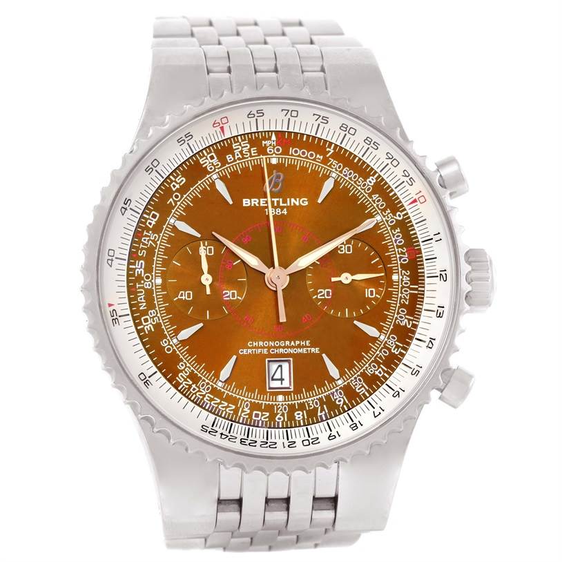 The image shows a front view of a Breitling Navitimer A23340 Men's Stainless Steel Brown Dial A23340 Men's Stainless Steel Brown Dial watch, displaying its dial, subdials, bezel, and metal bracelet.