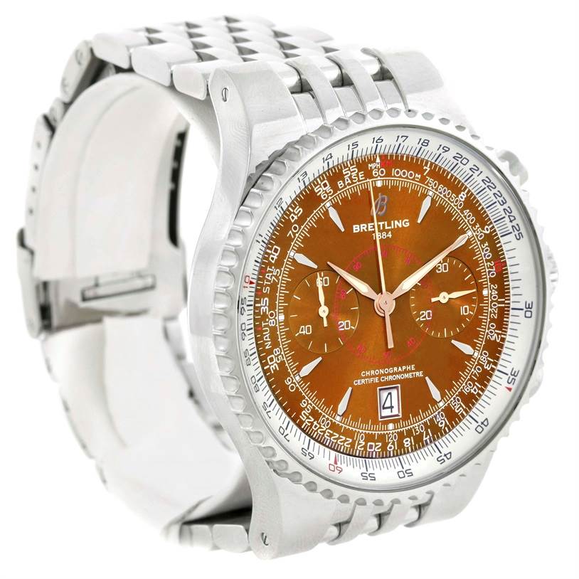 The image shows a Breitling Navitimer A23340 Men's Stainless Steel Brown Dial A23340 Men's Stainless Steel Brown Dial watch at a three-quarter angle, displaying its dial, bezel, and metal bracelet.