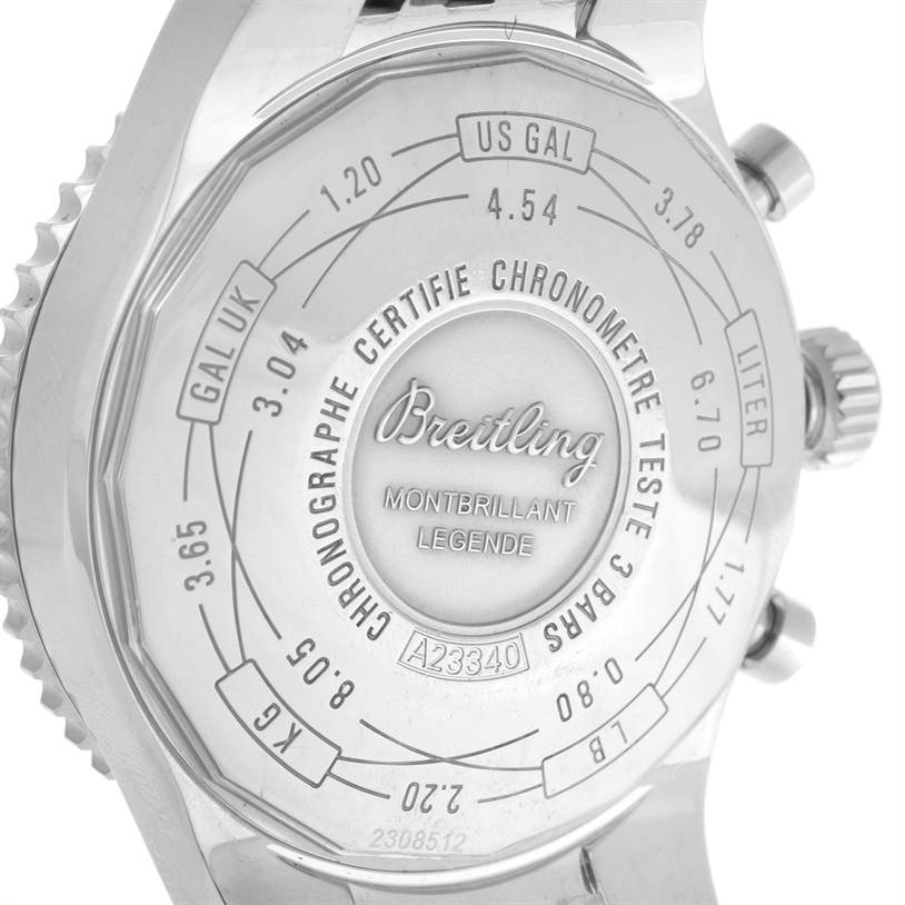 This is the back view of a Breitling Navitimer A23340 Men's Stainless Steel Brown Dial A23340 Men's Stainless Steel Brown Dial Montbrillant Légende watch, showcasing the engraved details and chronograph certification.