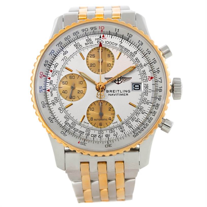 The image shows a Breitling Navitimer D13322 Men's Stainless Steel Silver Dial D13322 Men's Stainless Steel Silver Dial watch from the front, displaying its dial, bezel, crown, and two-tone bracelet.