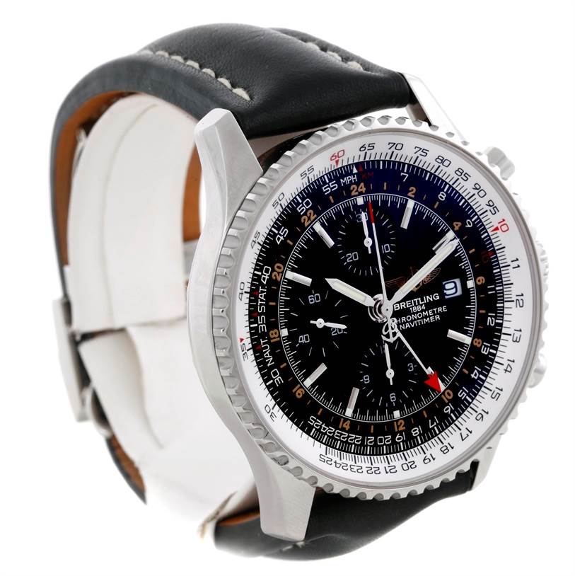 The image shows a front-angle view of the Breitling Navitimer A24322 Men's Stainless Steel Black Dial A24322 Men's Stainless Steel Black Dial watch, highlighting the black dial, three subdials, and a black leather strap.