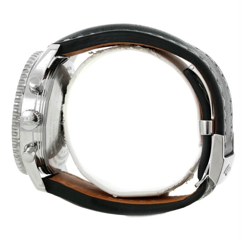 The image displays a side view of the Breitling Navitimer A24322 Men's Stainless Steel Black Dial A24322 Men's Stainless Steel Black Dial watch, highlighting the bezel, crown, pushers, and strap.