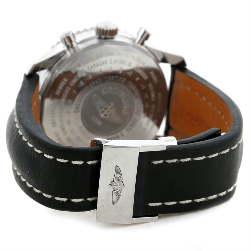 The image shows the back view of a Breitling Navitimer A24322 Men's Stainless Steel Black Dial A24322 Men's Stainless Steel Black Dial watch highlighting the engraved case back and clasp on the leather strap.