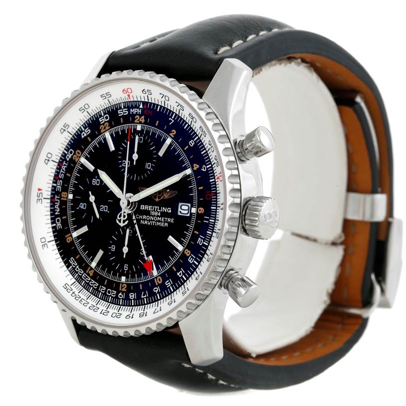 The Breitling Navitimer A24322 Men's Stainless Steel Black Dial A24322 Men's Stainless Steel Black Dial watch is shown at an angle highlighting the face, bezel, crown, pushers, and leather strap.