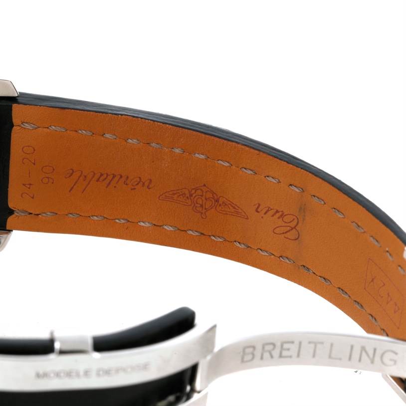 The image shows the inside leather strap and deployment clasp of a Breitling Navitimer A24322 Men's Stainless Steel Black Dial A24322 Men's Stainless Steel Black Dial watch, showcasing the brand and model details.