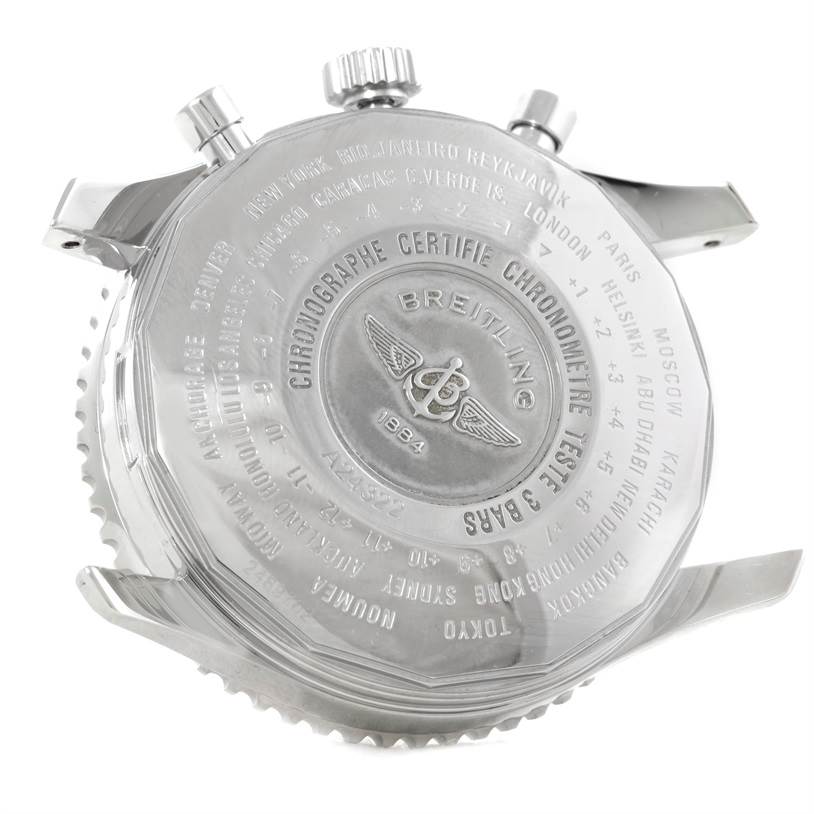 This image shows the back case of a Breitling Navitimer A24322 Men's Stainless Steel Black Dial A24322 Men's Stainless Steel Black Dial watch from a top-down angle.