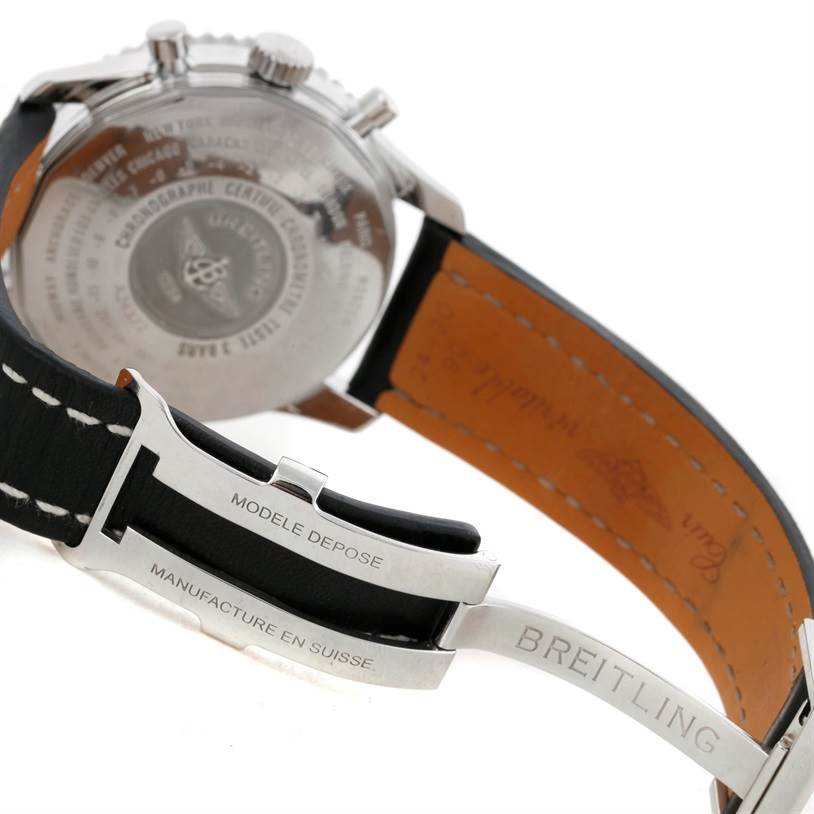 The image shows the backside and clasp of a Breitling Navitimer A24322 Men's Stainless Steel Black Dial A24322 Men's Stainless Steel Black Dial watch, highlighting the buckle and branding.
