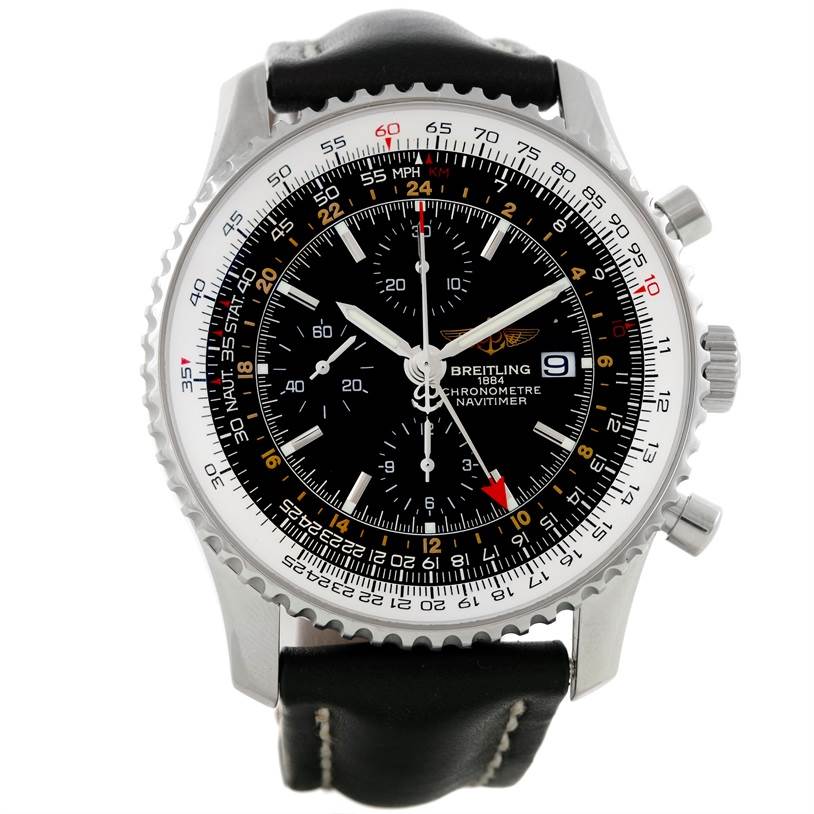 This image shows a front angle view of the Breitling Navitimer A24322 Men's Stainless Steel Black Dial A24322 Men's Stainless Steel Black Dial watch, highlighting its black dial, chronograph subdials, and leather strap.