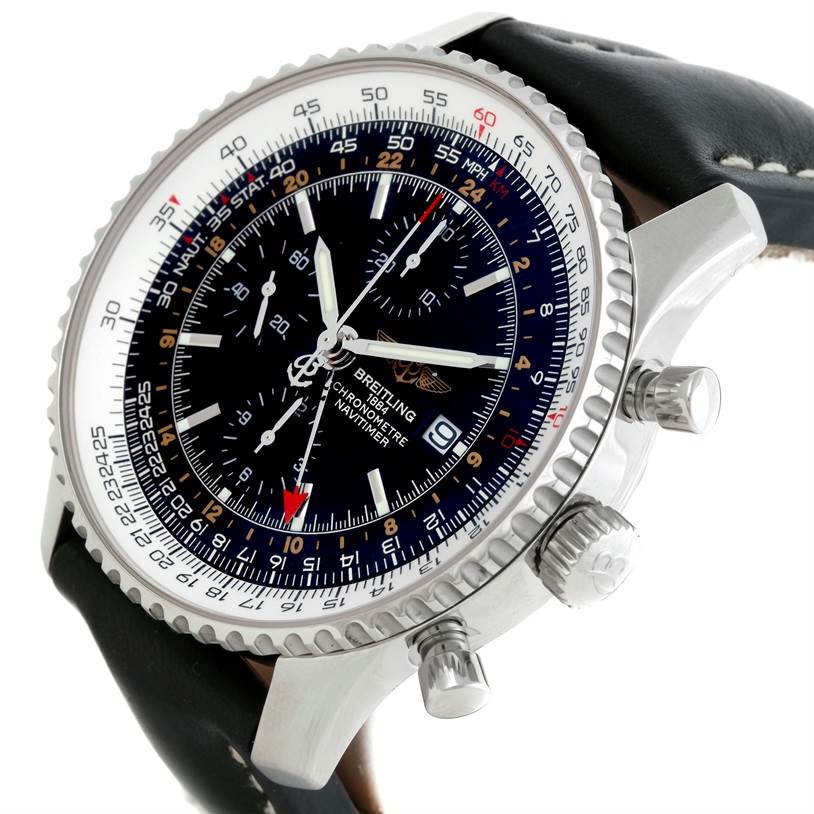 This image shows a Breitling Navitimer A24322 Men's Stainless Steel Black Dial A24322 Men's Stainless Steel Black Dial watch at an angled close-up, highlighting the dial, bezel, and side crowns.