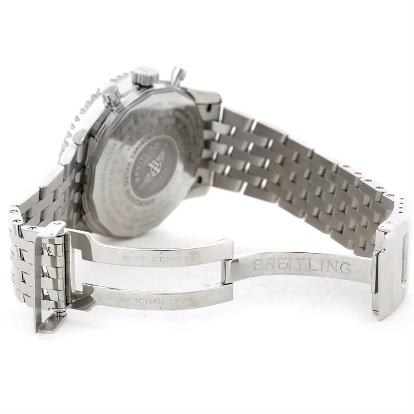 The image shows the backside and clasp of a Breitling Navitimer A24322 Men's Stainless Steel Blue Dial A24322 Men's Stainless Steel Blue Dial watch, highlighting its metal bracelet and engraved text.