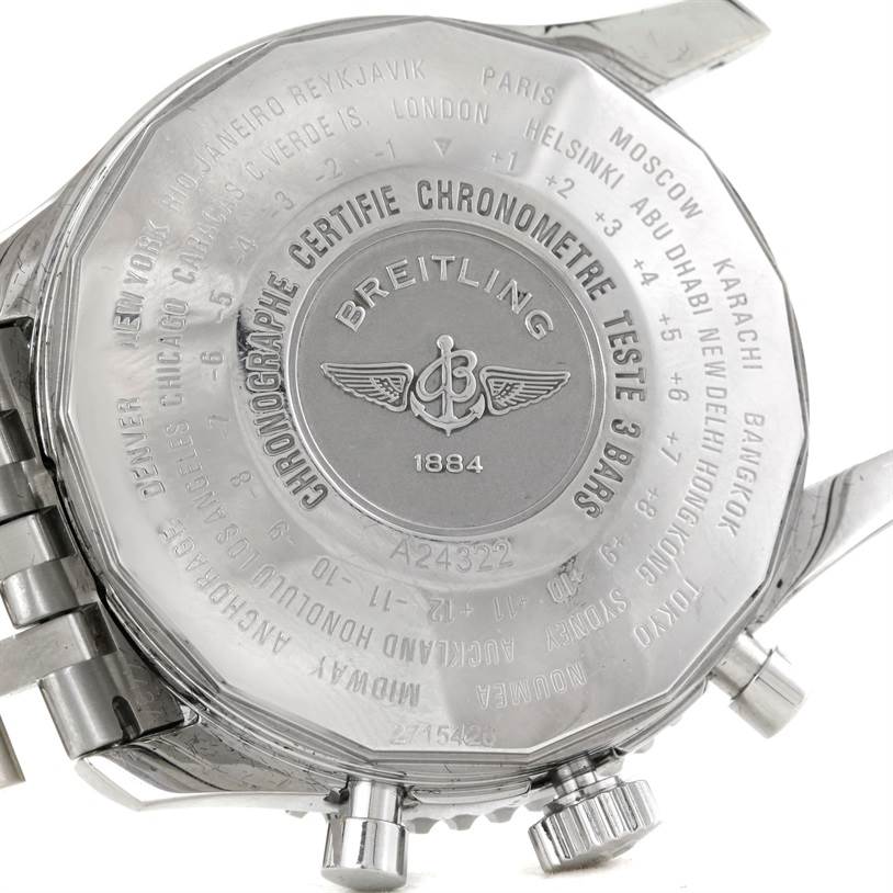 The image shows the back case of a Breitling Navitimer A24322 Men's Stainless Steel Blue Dial A24322 Men's Stainless Steel Blue Dial watch, highlighting the brand name, logo, and engraved details.