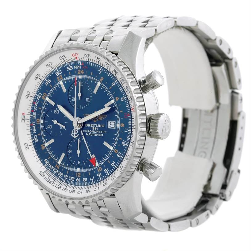 The image shows a Breitling Navitimer A24322 Men's Stainless Steel Blue Dial A24322 Men's Stainless Steel Blue Dial watch at an angle highlighting the dial, bezel, crown, pushers, and stainless steel bracelet.