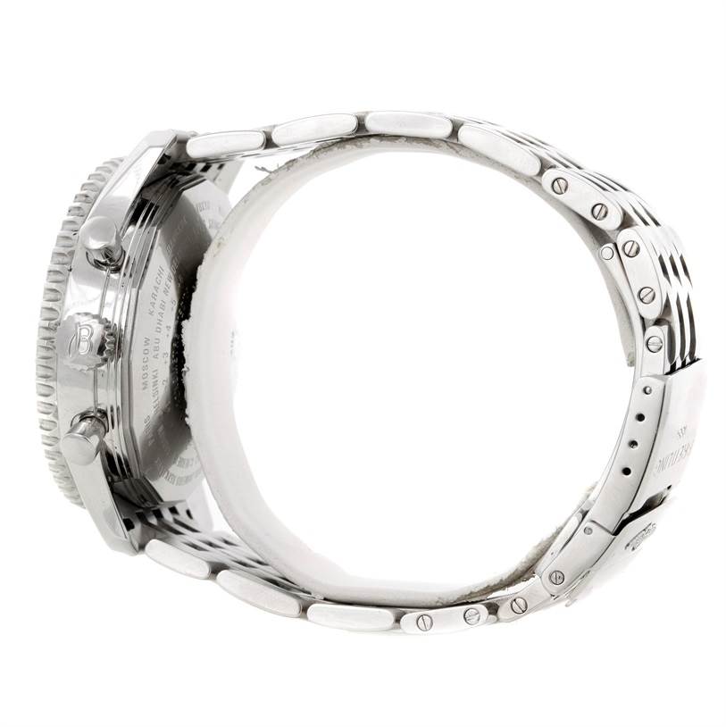 The image shows the side view of a Breitling Navitimer A24322 Men's Stainless Steel Blue Dial A24322 Men's Stainless Steel Blue Dial watch, highlighting its case, pushers, crown, and bracelet.