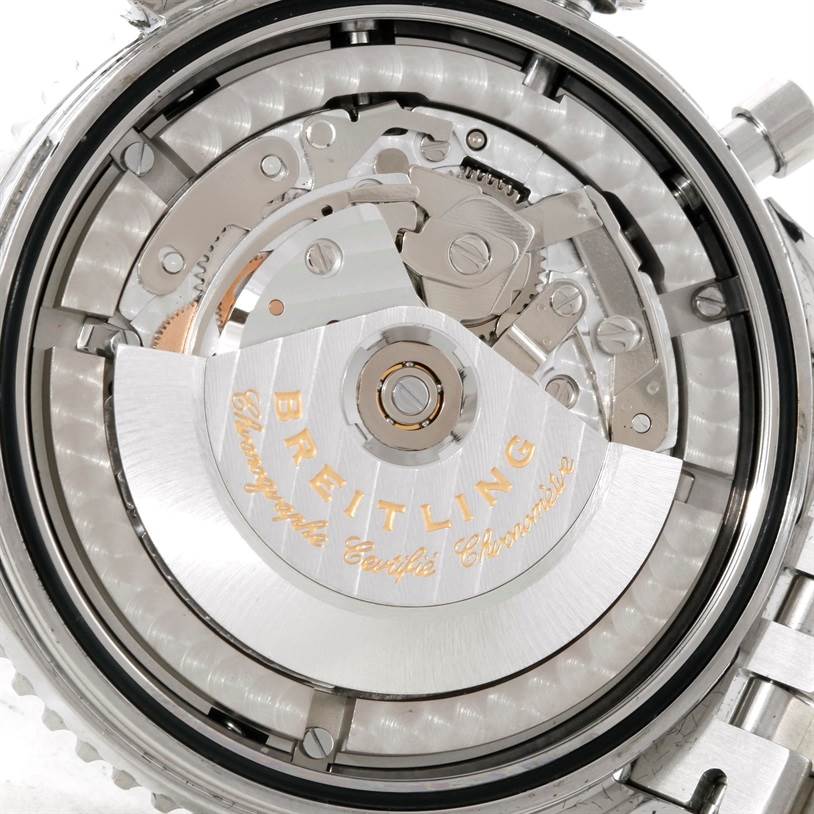This image shows an up-close view of the Breitling Navitimer A24322 Men's Stainless Steel Blue Dial A24322 Men's Stainless Steel Blue Dial's movement and inner mechanism from the back.