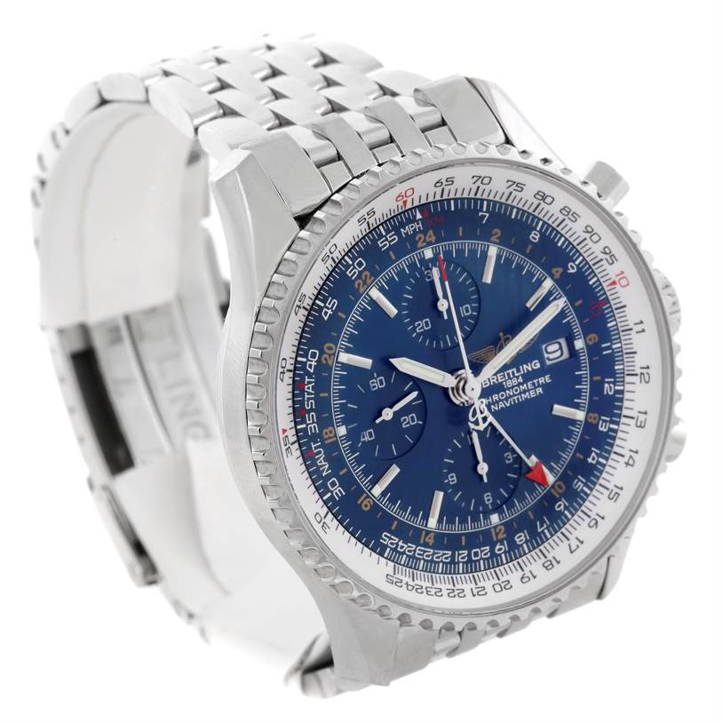 The image shows a Breitling Navitimer A24322 Men's Stainless Steel Blue Dial A24322 Men's Stainless Steel Blue Dial watch at an angle showcasing its face, bezel, crown, and partial bracelet.