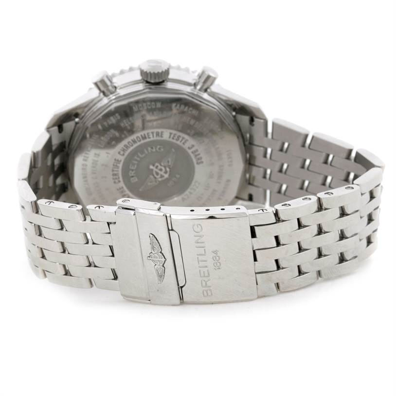 This image shows the back view of a Breitling Navitimer A24322 Men's Stainless Steel Blue Dial A24322 Men's Stainless Steel Blue Dial watch, highlighting the bracelet and clasp.