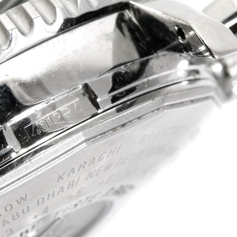 The close-up image shows the side and partially engraved back of a Breitling Navitimer A24322 Men's Stainless Steel Blue Dial A24322 Men's Stainless Steel Blue Dial watch.