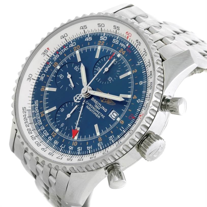 The Breitling Navitimer A24322 Men's Stainless Steel Blue Dial A24322 Men's Stainless Steel Blue Dial watch is shown at an angled close-up, highlighting the dial, bezel, and chronograph pushers.