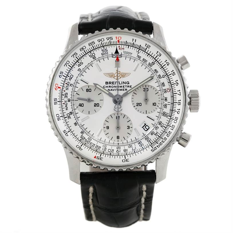 The image shows a front view of the Breitling Navitimer A23322 Men's Stainless Steel Silver Dial A23322 Men's Stainless Steel Silver Dial watch, displaying the dial, bezel, chronometer subdials, and leather strap.