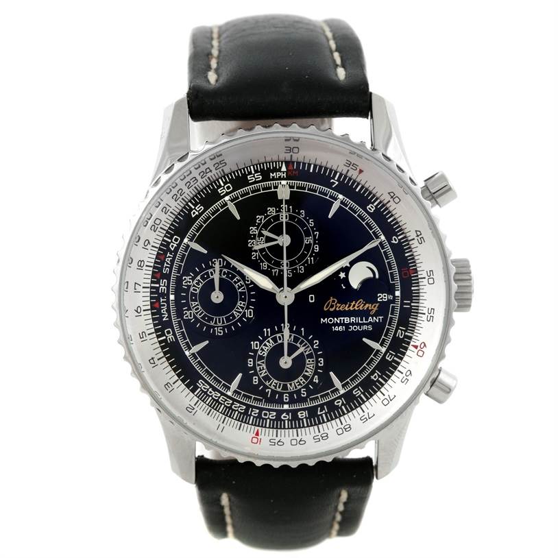 The image shows a frontal view of the Breitling Navitimer A19030 Men's Stainless Steel Black Dial A19030 Men's Stainless Steel Black Dial Montbrillant watch, highlighting its dial, chronographs, and black leather strap.