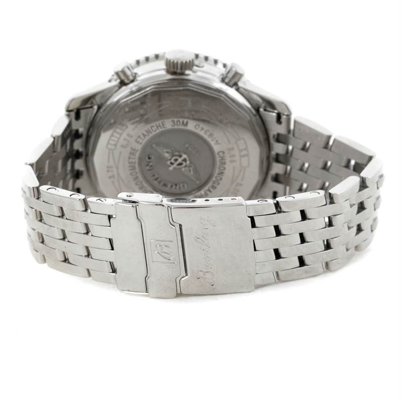 The image shows the back view of a Breitling Navitimer A19340 Men's Stainless Steel Black Dial A19340 Men's Stainless Steel Black Dial watch, focusing on the case back and metal bracelet clasp.