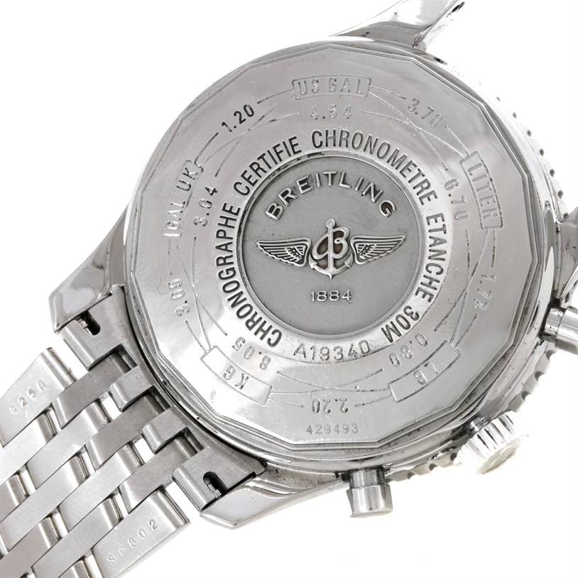 The image shows the back case and part of the metal bracelet of a Breitling Navitimer A19340 Men's Stainless Steel Black Dial A19340 Men's Stainless Steel Black Dial watch.