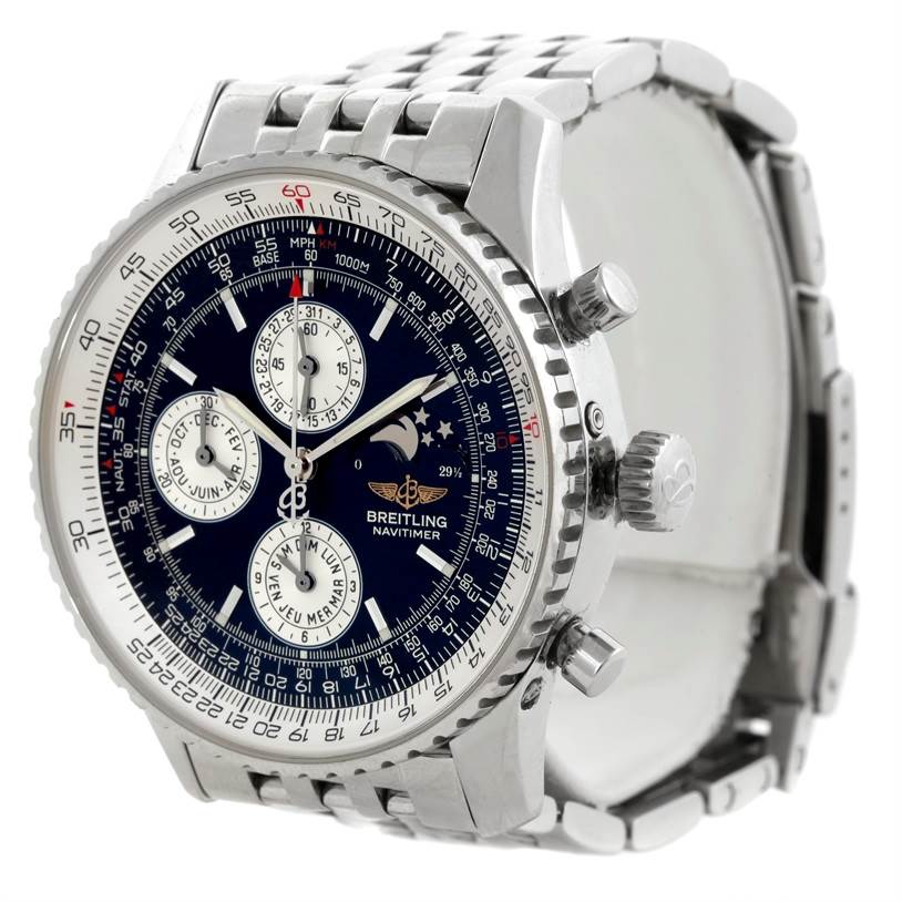 The image shows a Breitling Navitimer A19340 Men's Stainless Steel Black Dial A19340 Men's Stainless Steel Black Dial watch from a ¾ side angle, highlighting its face, bezel, crown, pushers, and metal bracelet.