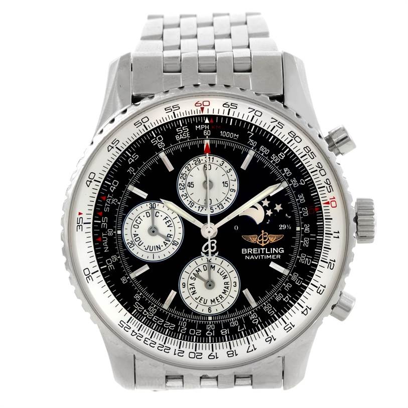This Breitling Navitimer A19340 Men's Stainless Steel Black Dial A19340 Men's Stainless Steel Black Dial watch is shown from the front angle, displaying its dial, bezel, and bracelet.