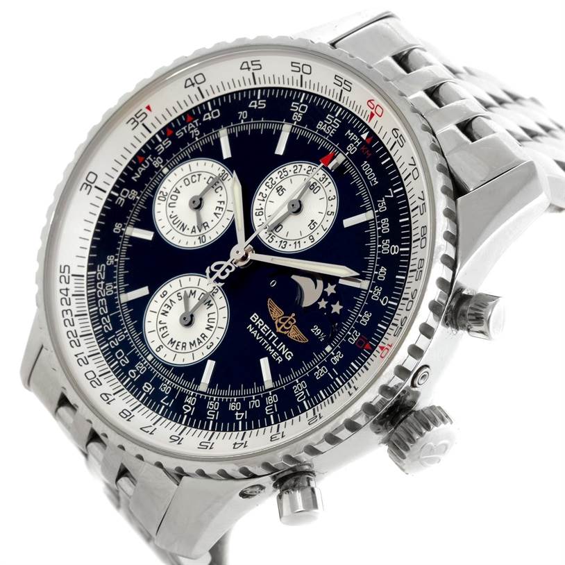 This image shows a close-up, angled view of the face and side of a Breitling Navitimer A19340 Men's Stainless Steel Black Dial A19340 Men's Stainless Steel Black Dial watch, highlighting the dials and metal bracelet.