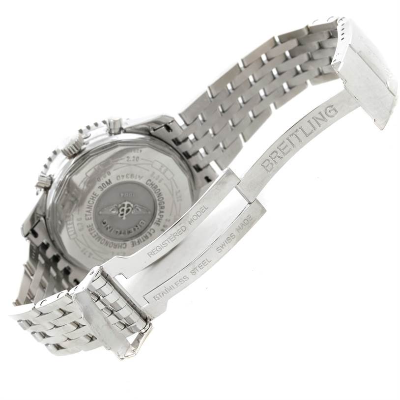 The image shows the back and metal bracelet of a Breitling Navitimer A19340 Men's Stainless Steel Black Dial A19340 Men's Stainless Steel Black Dial watch from an angled side view.