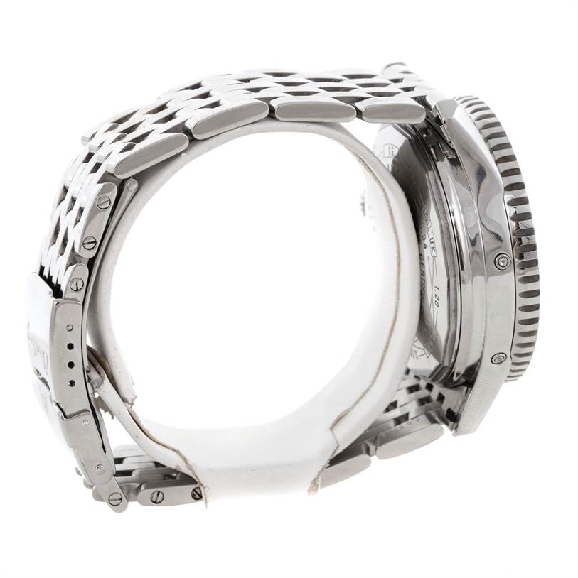 The image shows a side view of the Breitling Navitimer A19340 Men's Stainless Steel Black Dial A19340 Men's Stainless Steel Black Dial watch, focusing on its intricate metal bracelet and case details.