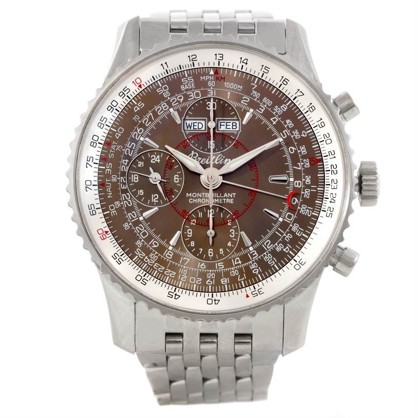 This image shows a front view of the Breitling Navitimer A21330 Men's Stainless Steel Brown Dial A21330 Men's Stainless Steel Brown Dial, displaying its intricate dial, case, and bracelet.