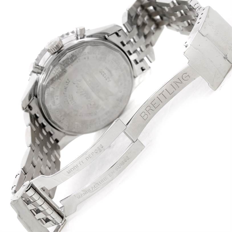 The image shows the clasp and back of the Breitling Navitimer A21330 Men's Stainless Steel Brown Dial A21330 Men's Stainless Steel Brown Dial watch, highlighting the metal bracelet and branded clasp.