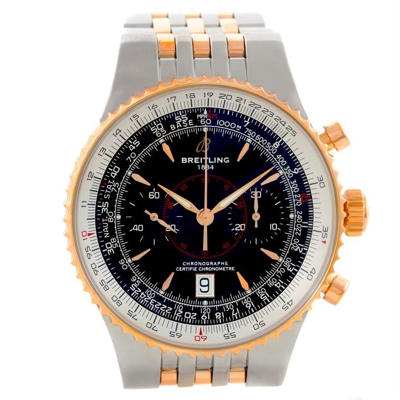This image shows a front view of a Breitling Navitimer C23340 Men
s Steel and Gold (two tone) Black Dial C23340 Men
s Steel and Gold (two tone) Black Dial watch, highlighting its dial, bezel, crown, and bracelet.