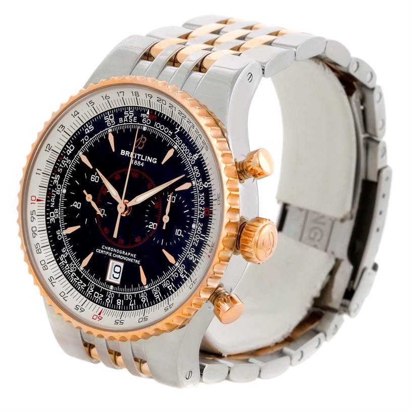 The image shows a Breitling Navitimer C23340 Men
s Steel and Gold (two tone) Black Dial C23340 Men
s Steel and Gold (two tone) Black Dial watch at an angled side view, highlighting its face, bezel, crown, and part of the bracelet.