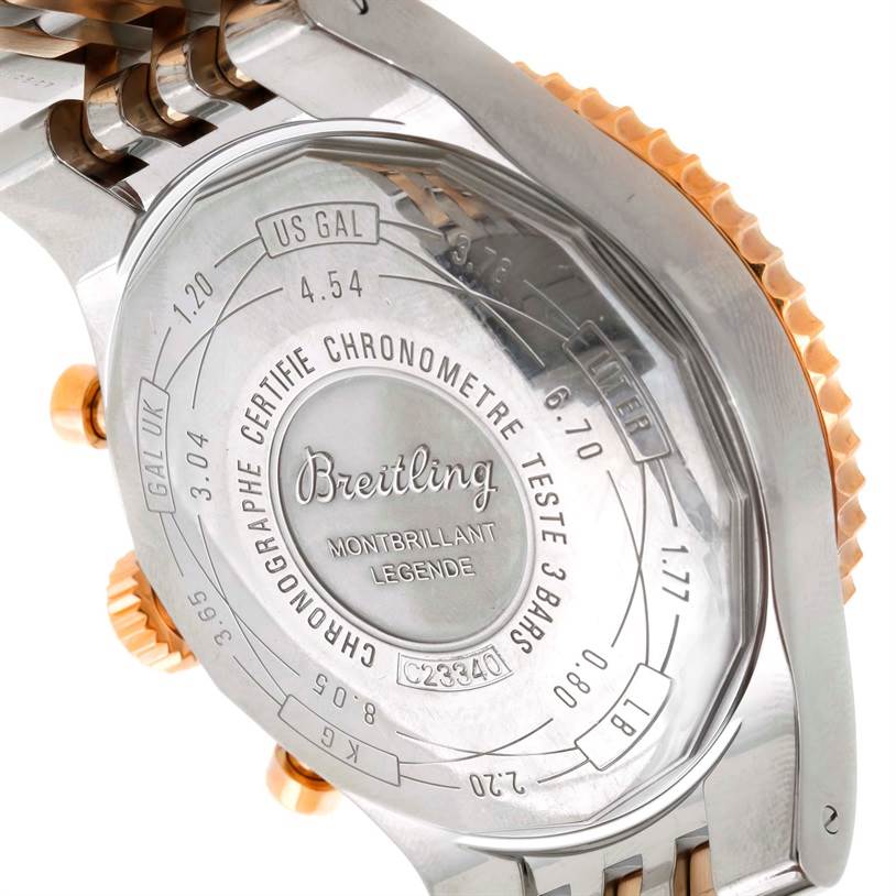 This image shows the case back of a Breitling Navitimer C23340 Men
s Steel and Gold (two tone) Black Dial C23340 Men
s Steel and Gold (two tone) Black Dial Montbrillant Legende watch.