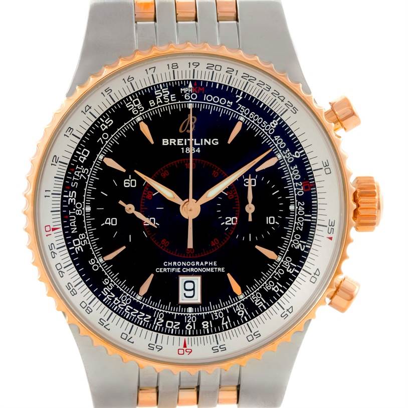 This image shows a front view of a Breitling Navitimer C23340 Men
s Steel and Gold (two tone) Black Dial C23340 Men
s Steel and Gold (two tone) Black Dial watch, highlighting its dial, crown, pushers, and bracelet.