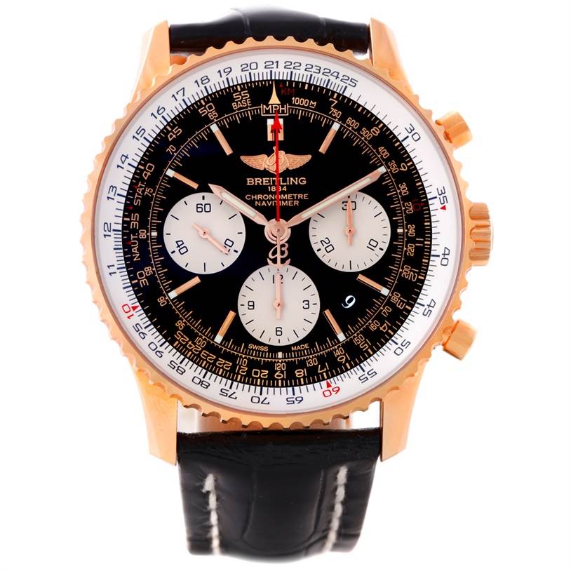 This image shows a front view of a Breitling Navitimer RB0120 Men
s Rose Gold Black Dial RB0120 Men
s Rose Gold Black Dial watch, highlighting its black dial, gold case, and leather strap.