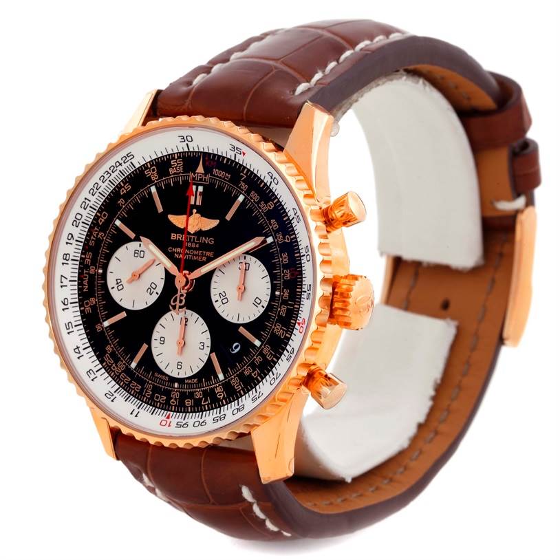 The Breitling Navitimer RB0120 Men's Rose Gold Black Dial RB0120 Men's Rose Gold Black Dial watch is shown at a front-side angle, highlighting its dial, bezel, and brown leather strap.
