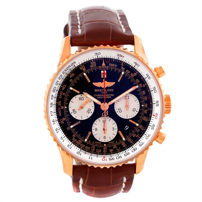 The image shows a front view of the Breitling Navitimer RB0120 Men's Rose Gold Black Dial RB0120 Men's Rose Gold Black Dial watch with a brown leather strap and a gold-tone case.