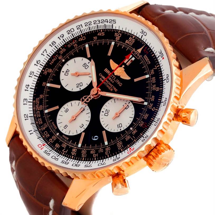 The Breitling Navitimer RB0120 Men's Rose Gold Black Dial RB0120 Men's Rose Gold Black Dial watch is shown at a slight angle, displaying the dial, bezel, pushers, and part of the leather strap.