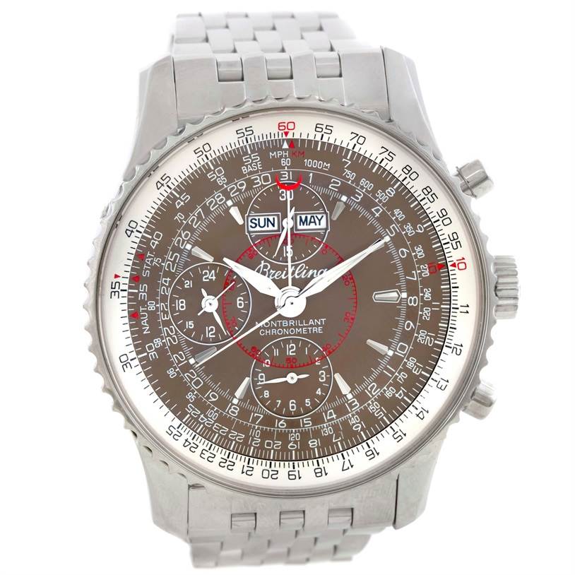 The image shows a front view of a Breitling Navitimer A21330 Men's Stainless Steel Brown Dial A21330 Men's Stainless Steel Brown Dial watch, displaying its face, bezel, dials, and bracelet.