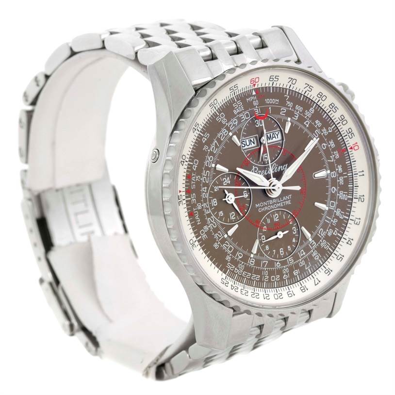 This image shows a Breitling Navitimer A21330 Men's Stainless Steel Brown Dial A21330 Men's Stainless Steel Brown Dial watch angled to display the face, bezel, and part of the metal bracelet.