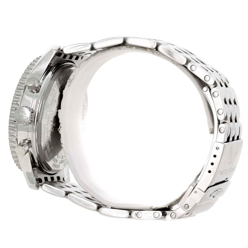 This image shows a side view of the Breitling Navitimer A21330 Men's Stainless Steel Brown Dial A21330 Men's Stainless Steel Brown Dial watch, focusing on its case back, crown, and bracelet.